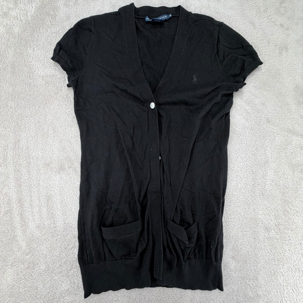 Ralph Lauren Womens Cardigan Medium Black Preowned Short Sleeve Pima Cotton